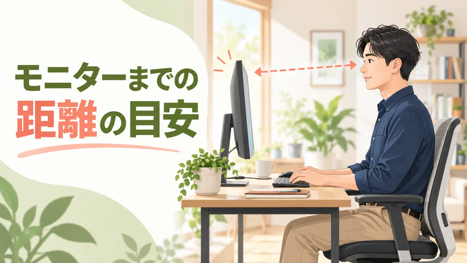 前のめりにならずモニターを見る会社員のイラスト
