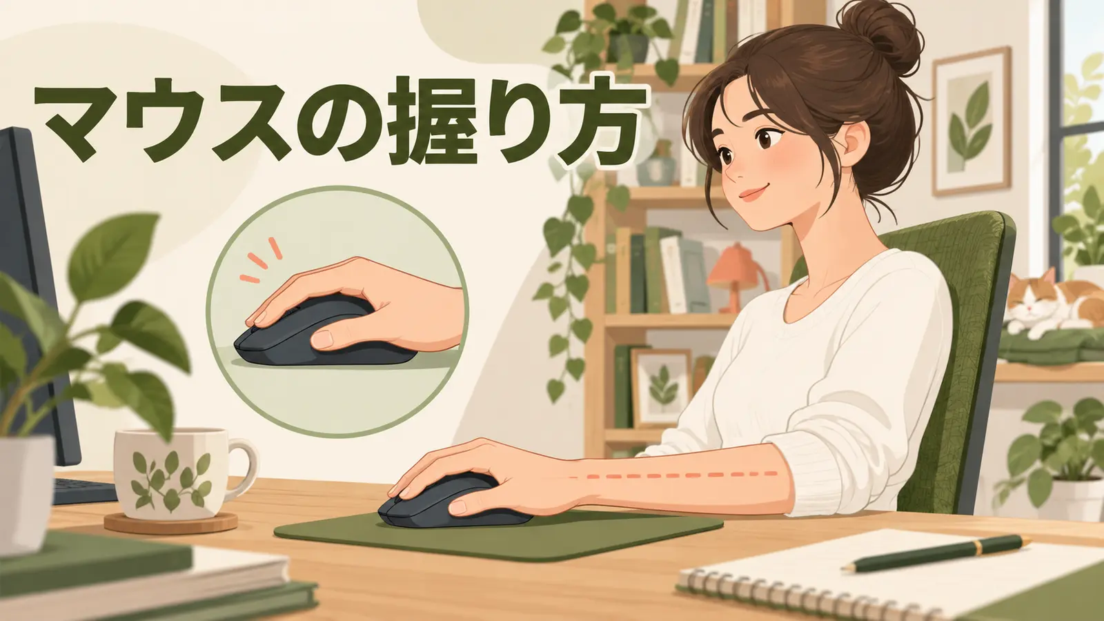 指を強く挟まず自然にマウスを持つ手