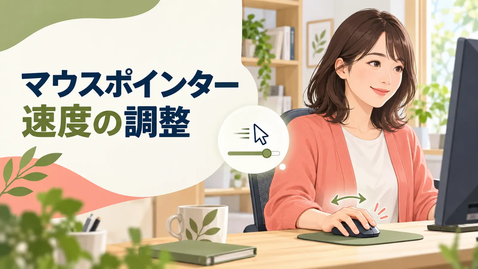 小さな腕の動きでマウスを操作する会社員のイラスト