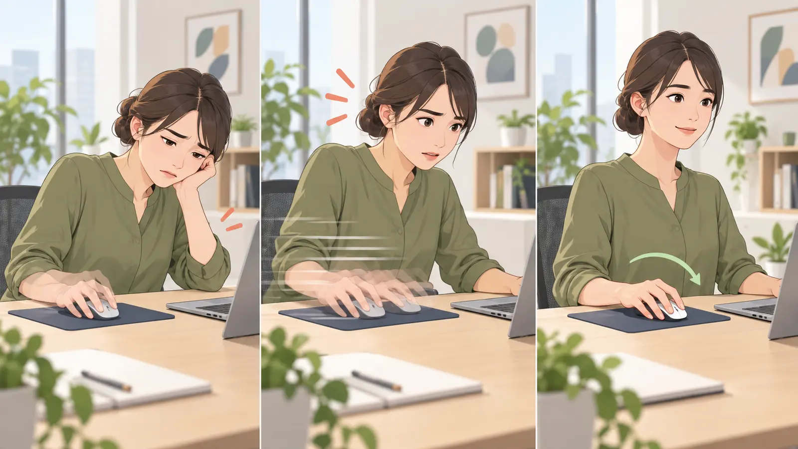 マウスポインター速度による手の動きを比較したイラスト