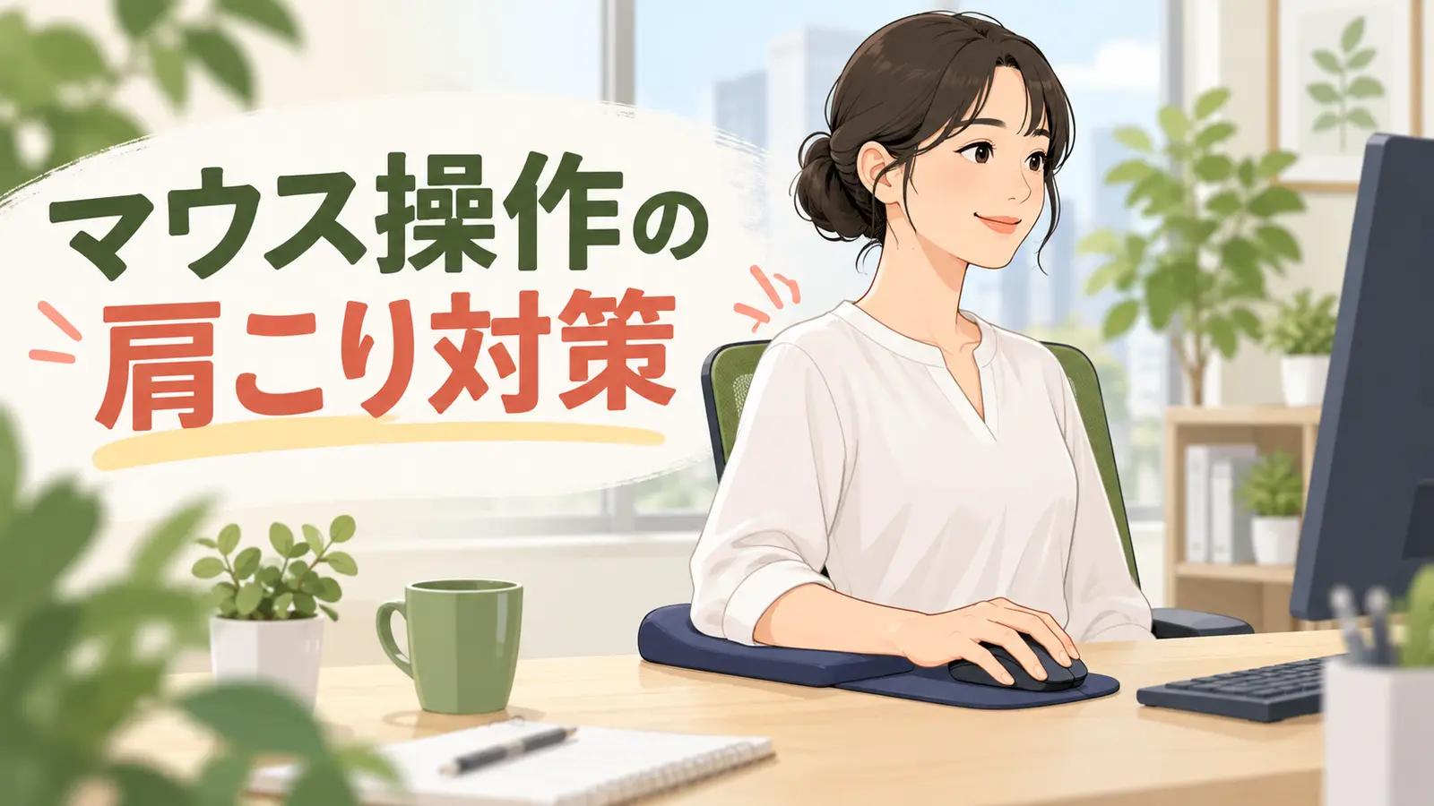 前腕を支え、身体の近くでマウスを操作するオフィスワーカー