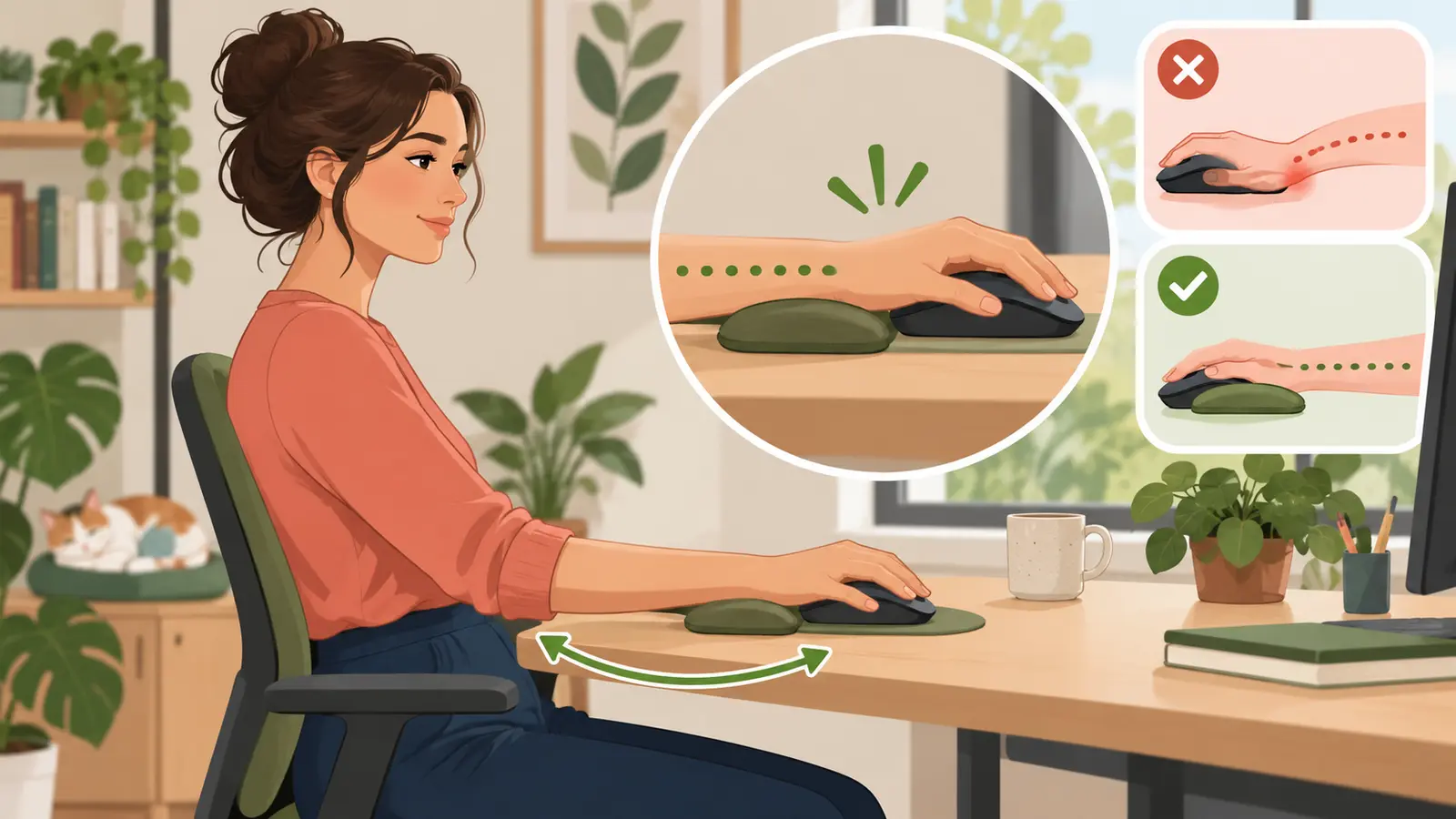 マウス用リストレストの高さと置く位置を具体的に示すイラスト
