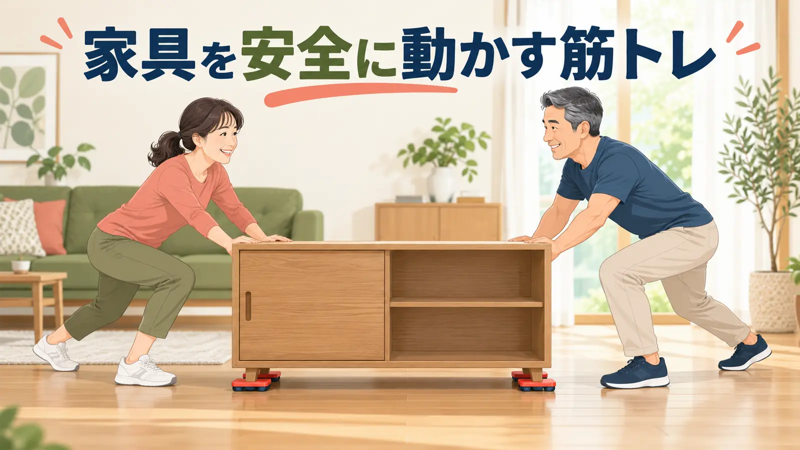 家具移動用スライダーを使い二人で棚を安全に押す中高年