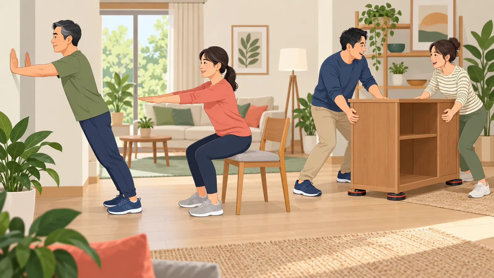 壁押しと椅子スクワットを練習し二人で家具を移動する手順