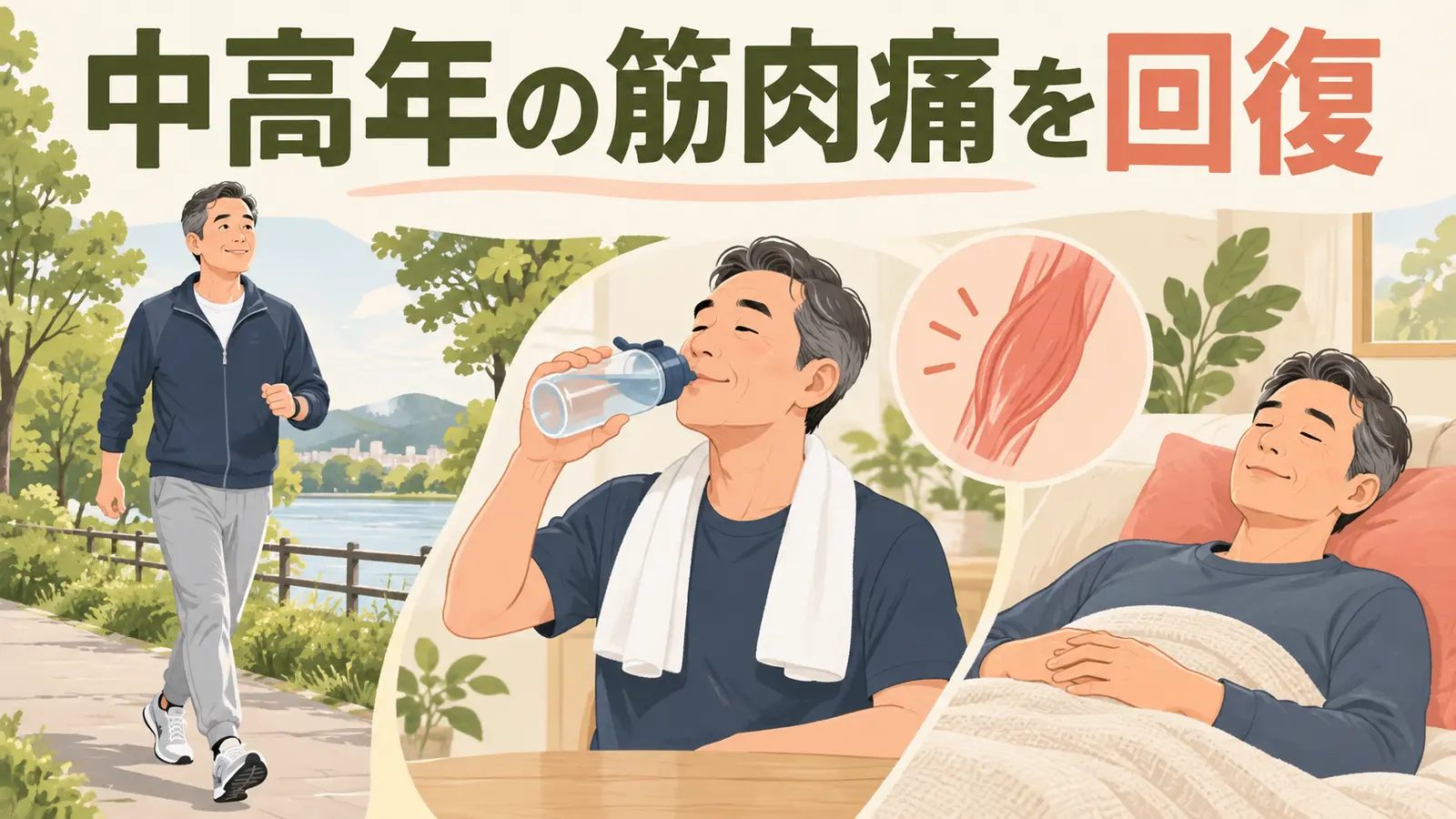 中高年の筋肉痛の回復を実践する中高年のイラスト