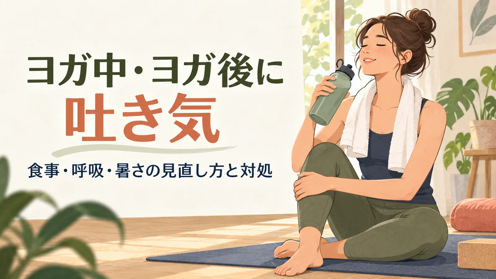 吐き気を感じて休息と水分を取る様子
