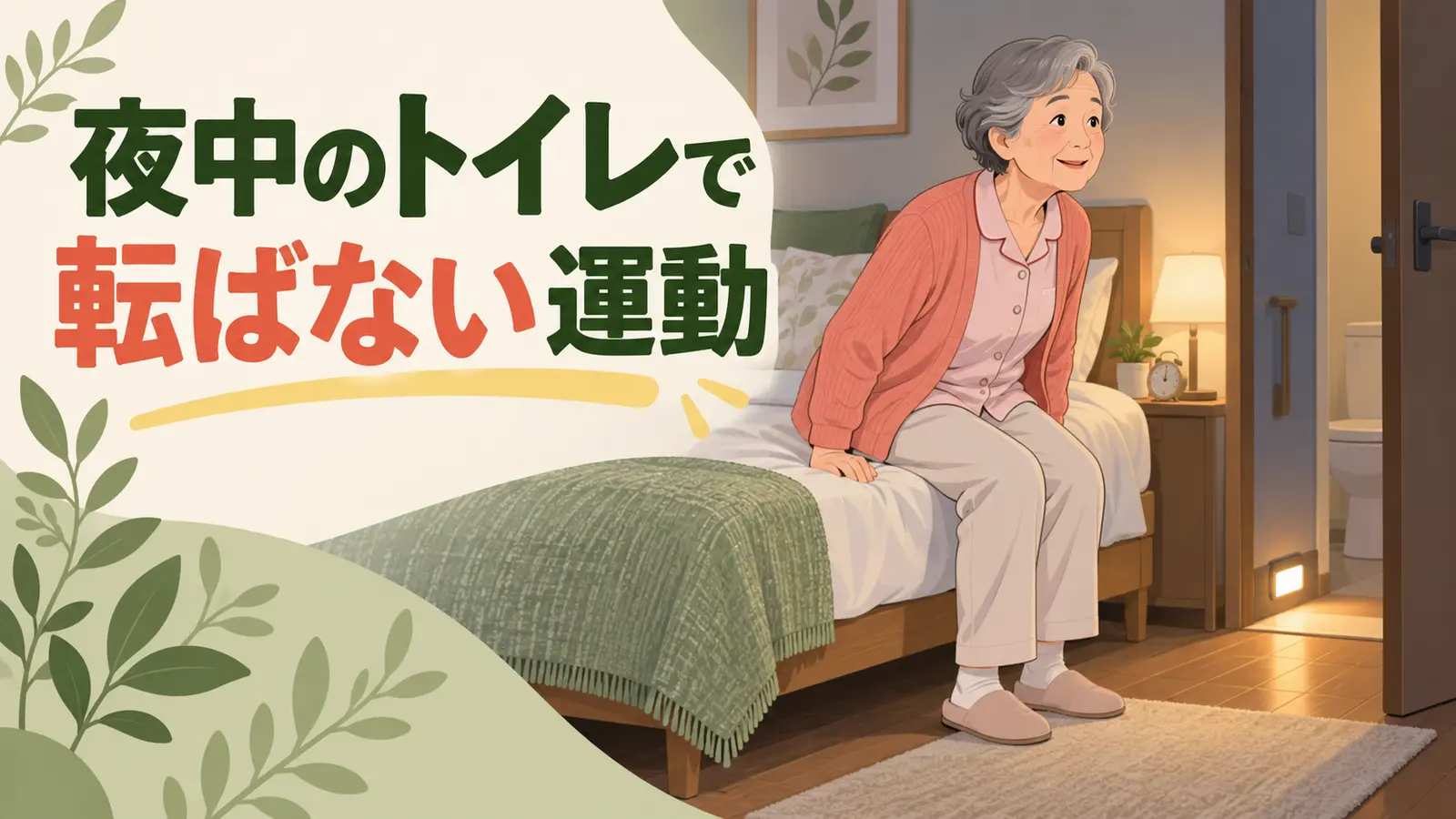 足元灯のある寝室で安全に立ち上がる高齢女性