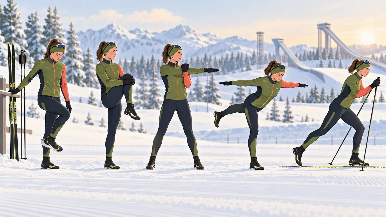 ノルディック複合前のウォームアップ手順を示すイラスト