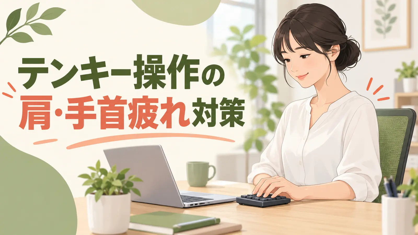 身体の近くに置いたテンキーを力まず操作するデスクワーカー