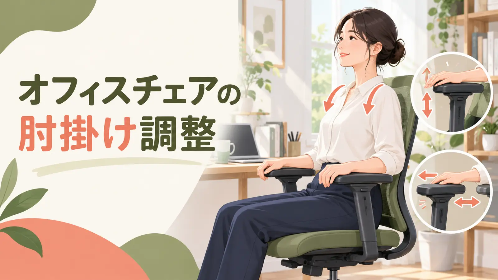 オフィスチェアの肘掛けを調整する会社員のイラスト