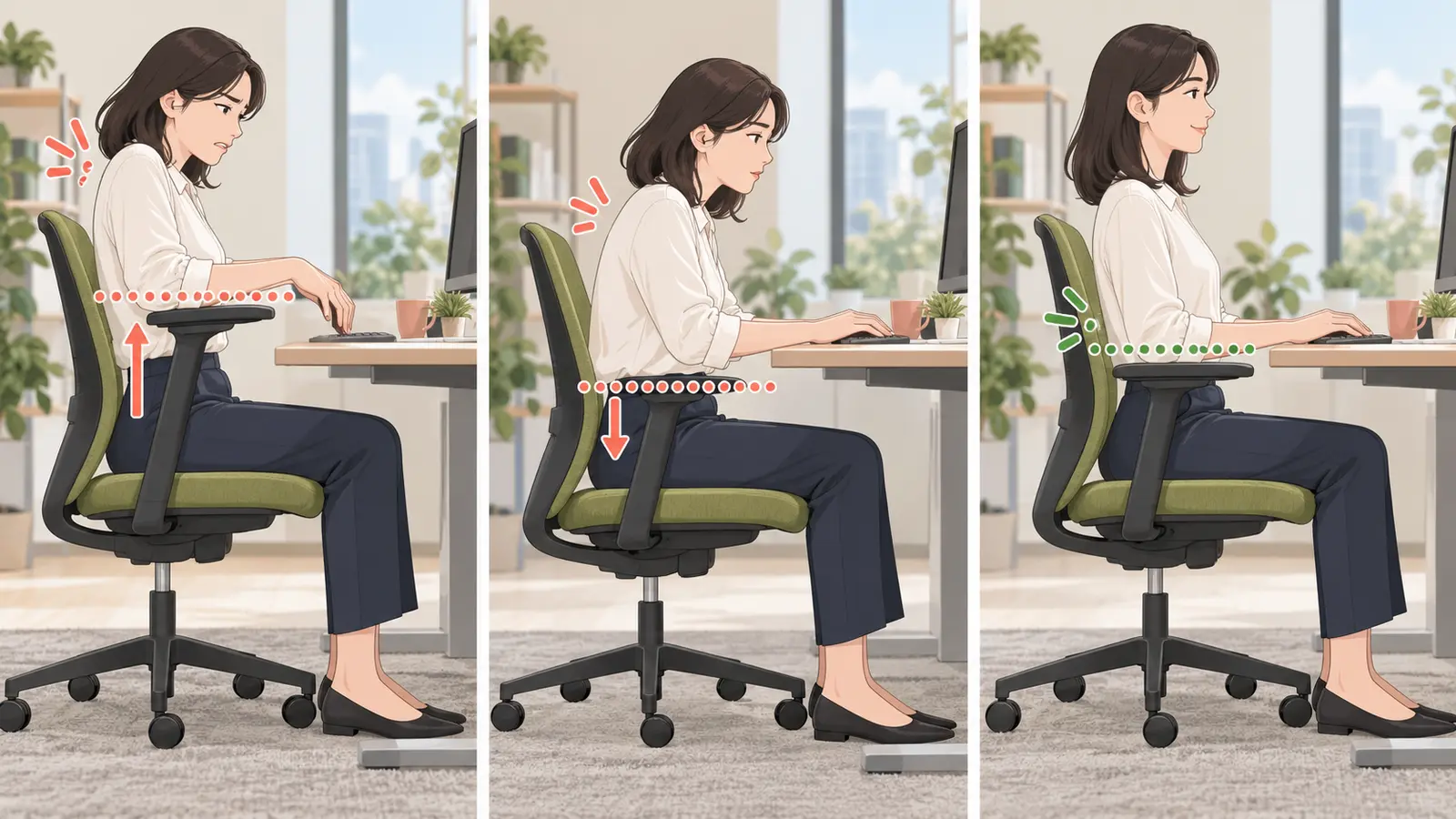 オフィスチェアの肘掛けの高さと幅を比較したイラスト