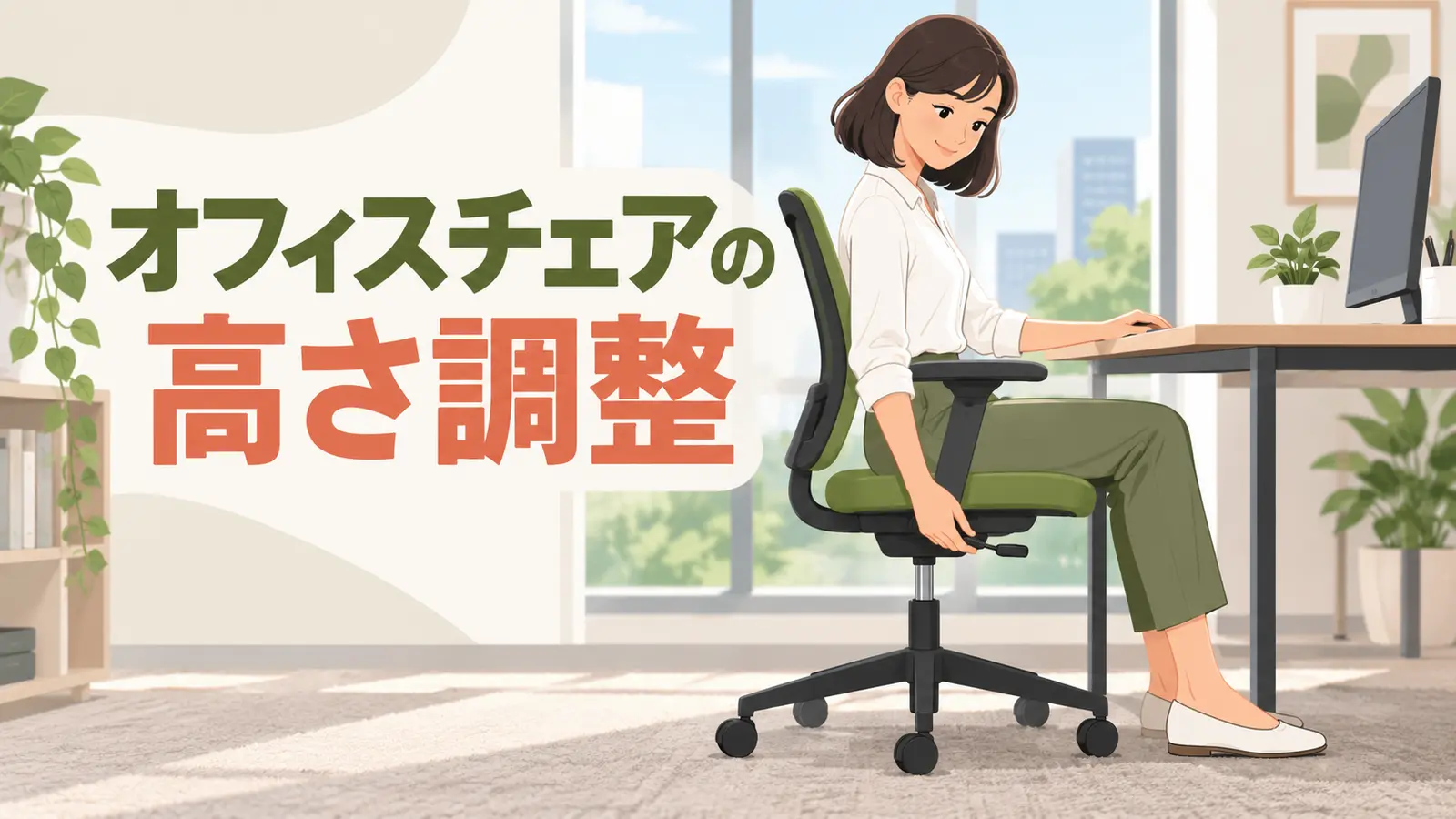 足裏と肘の位置を確認しながら椅子の高さを調整する人