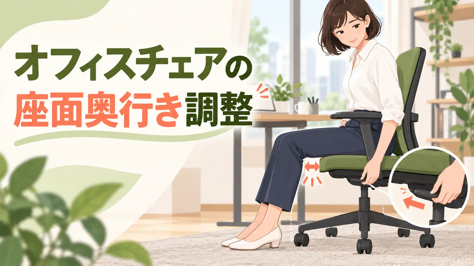 膝裏に余裕を残して座面奥行きを調整するデスクワーカー