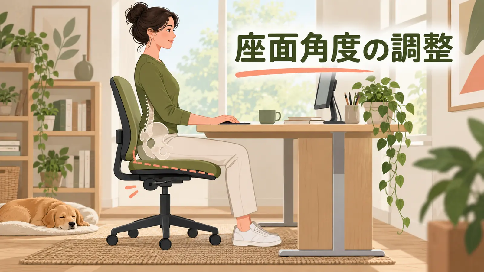 骨盤が滑らない角度へ調整したオフィスチェアの座面