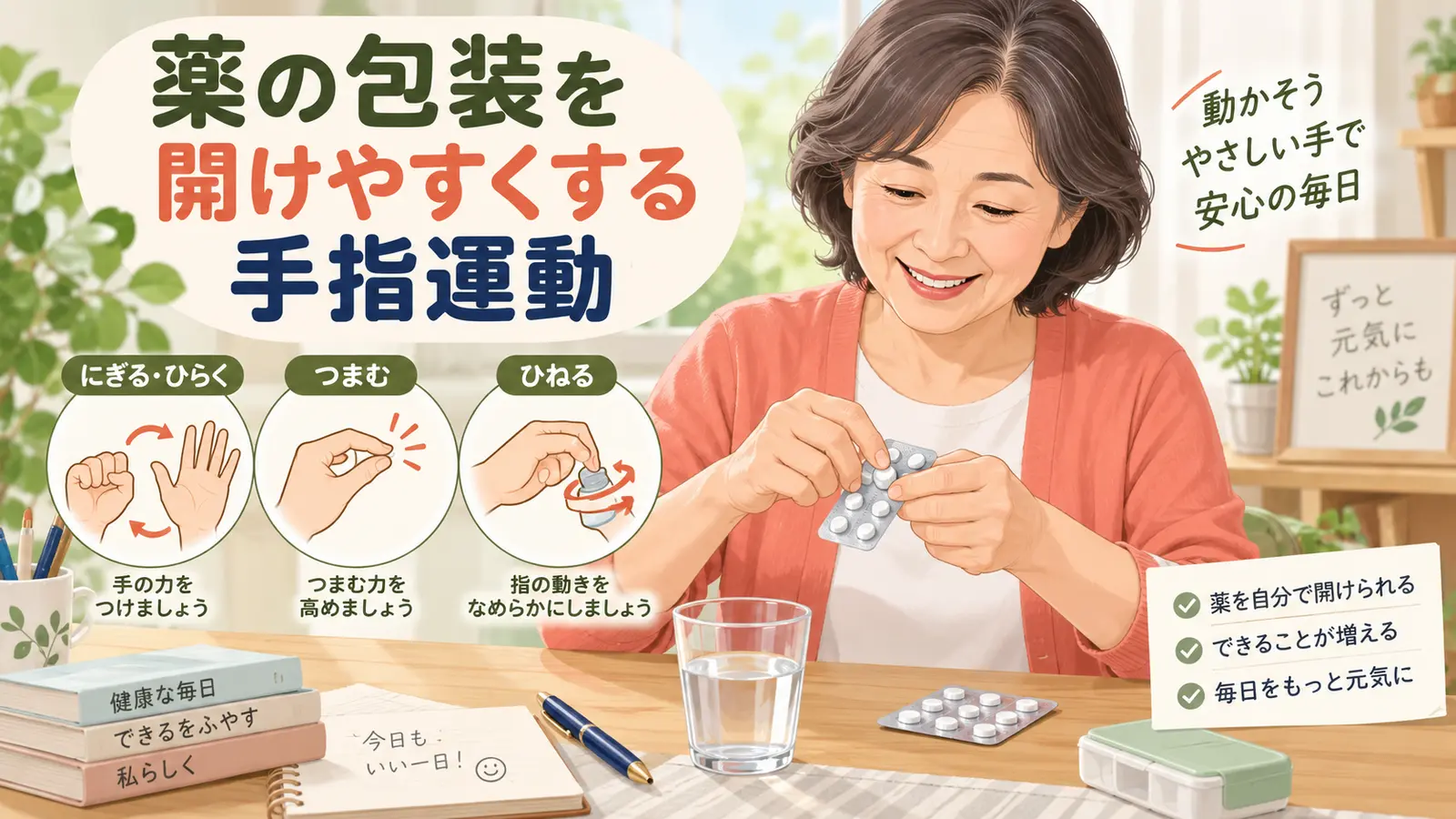 薬の包装を開けやすくする手指運動のイメージ