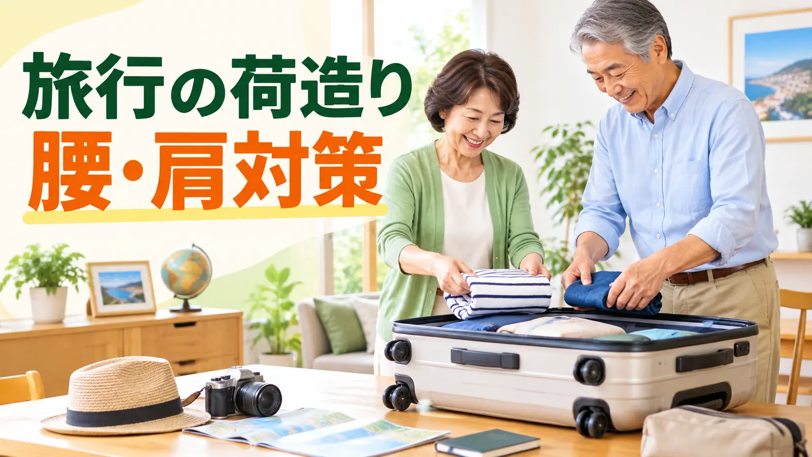台の上のキャリーケースへ荷物を詰める中高年夫婦