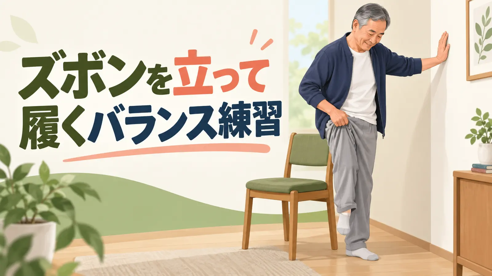 椅子と壁を使い安全にズボンを履く中高年男性