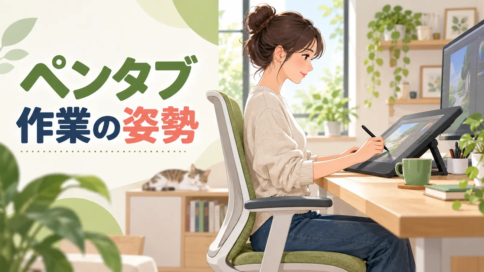 ペンタブを楽な位置で使うクリエイターのイラスト