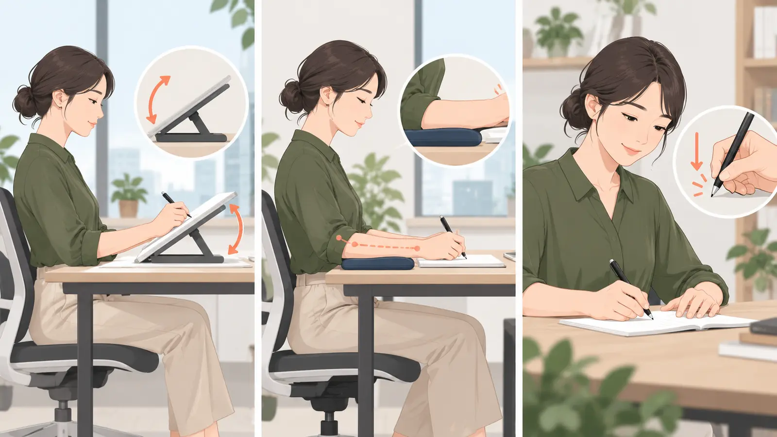 ペンタブの位置と前腕支持と筆圧を調整するイラスト