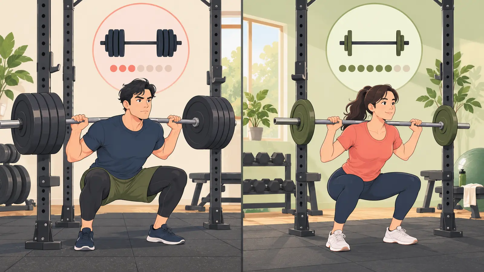 PHULのスクワットの安全な設定と手順を示すイラスト