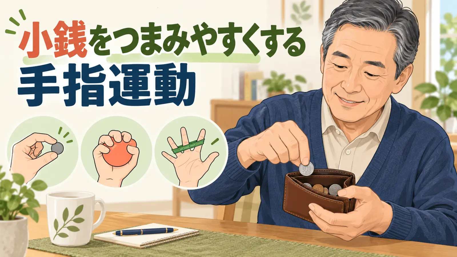 小銭をつまみやすくする手指運動のイメージ