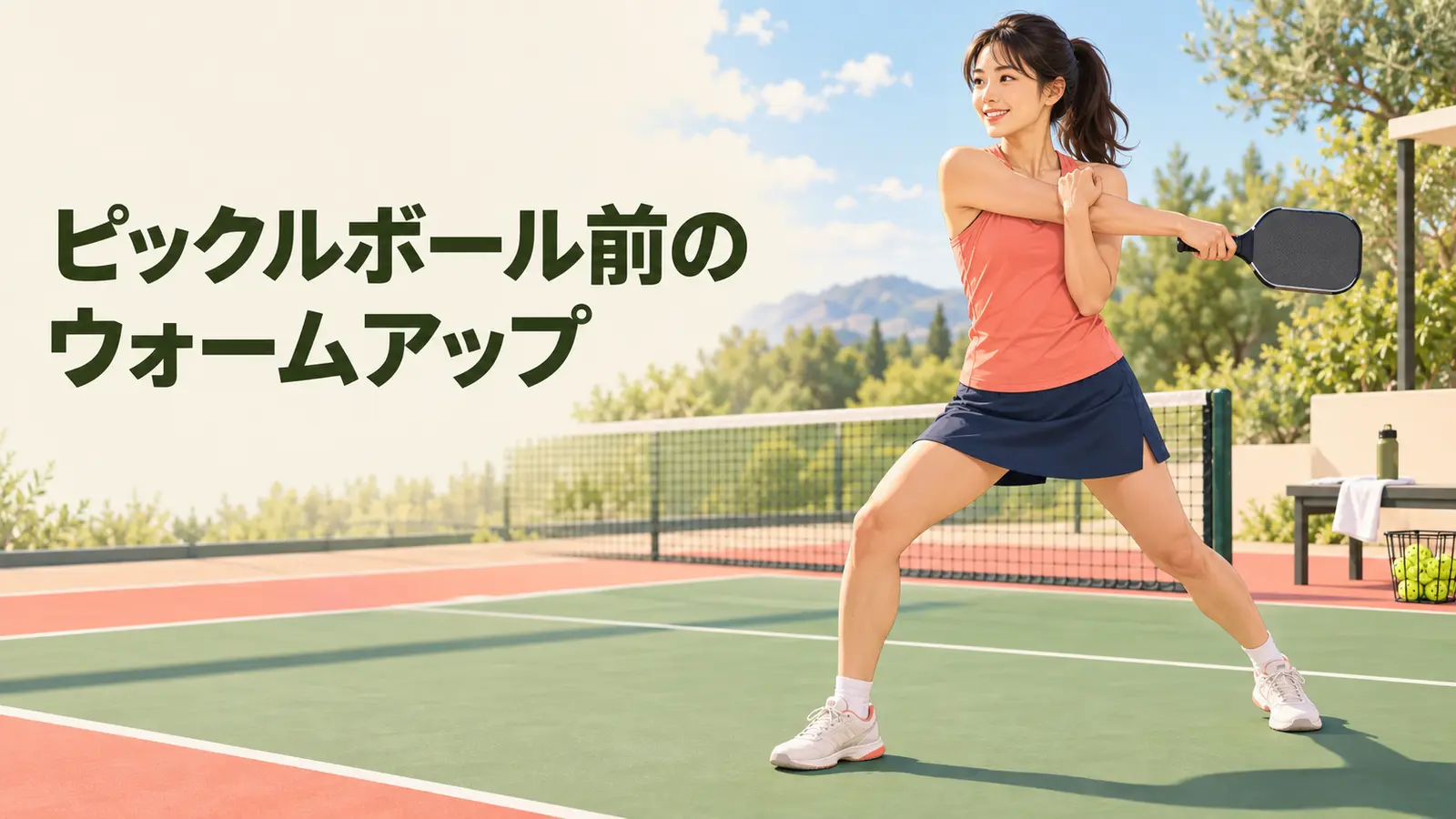 ピックルボール前に肩と股関節を準備する様子