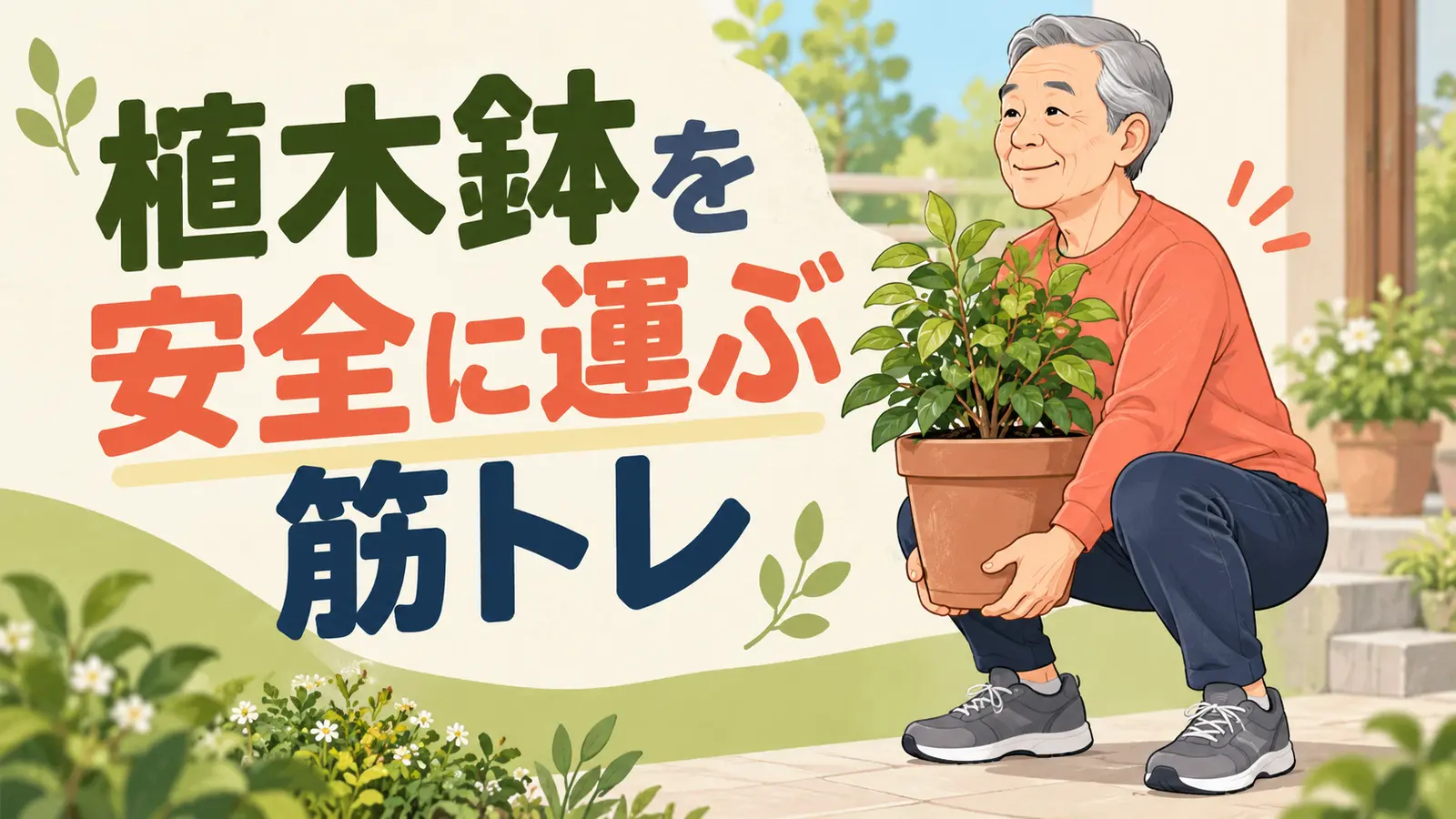 植木鉢を体に近づけて運ぶ中高年向け筋トレのアイキャッチ