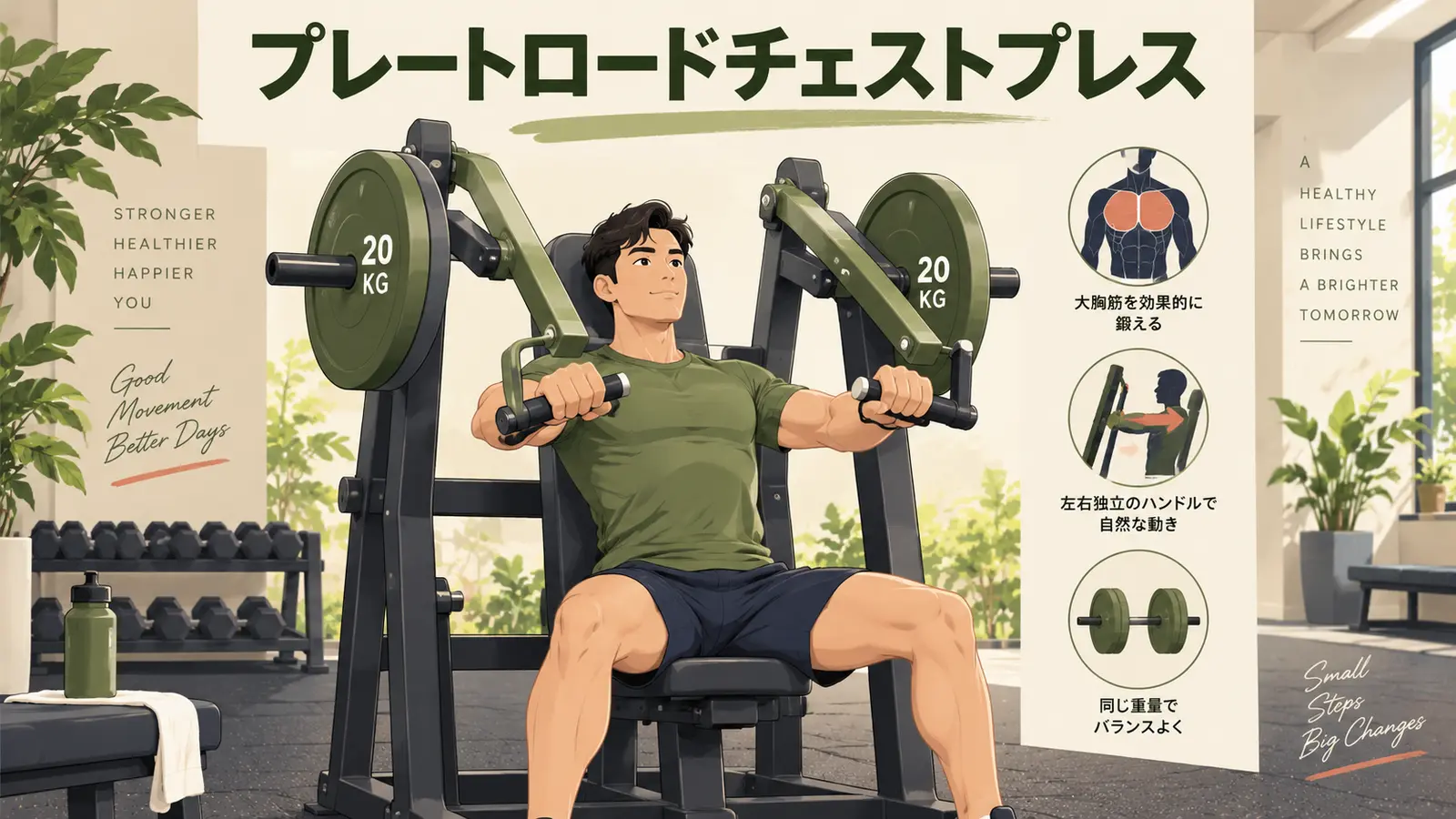 プレートロードチェストプレスを正しいフォームで行うイラスト