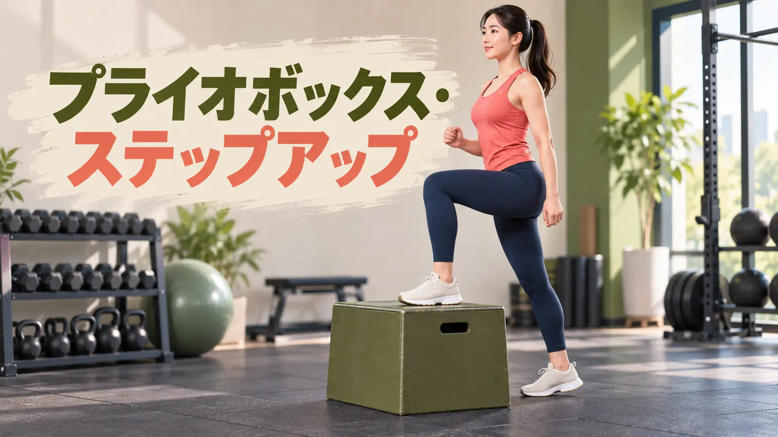 プライオボックスへ足裏全体を置いてステップアップする様子