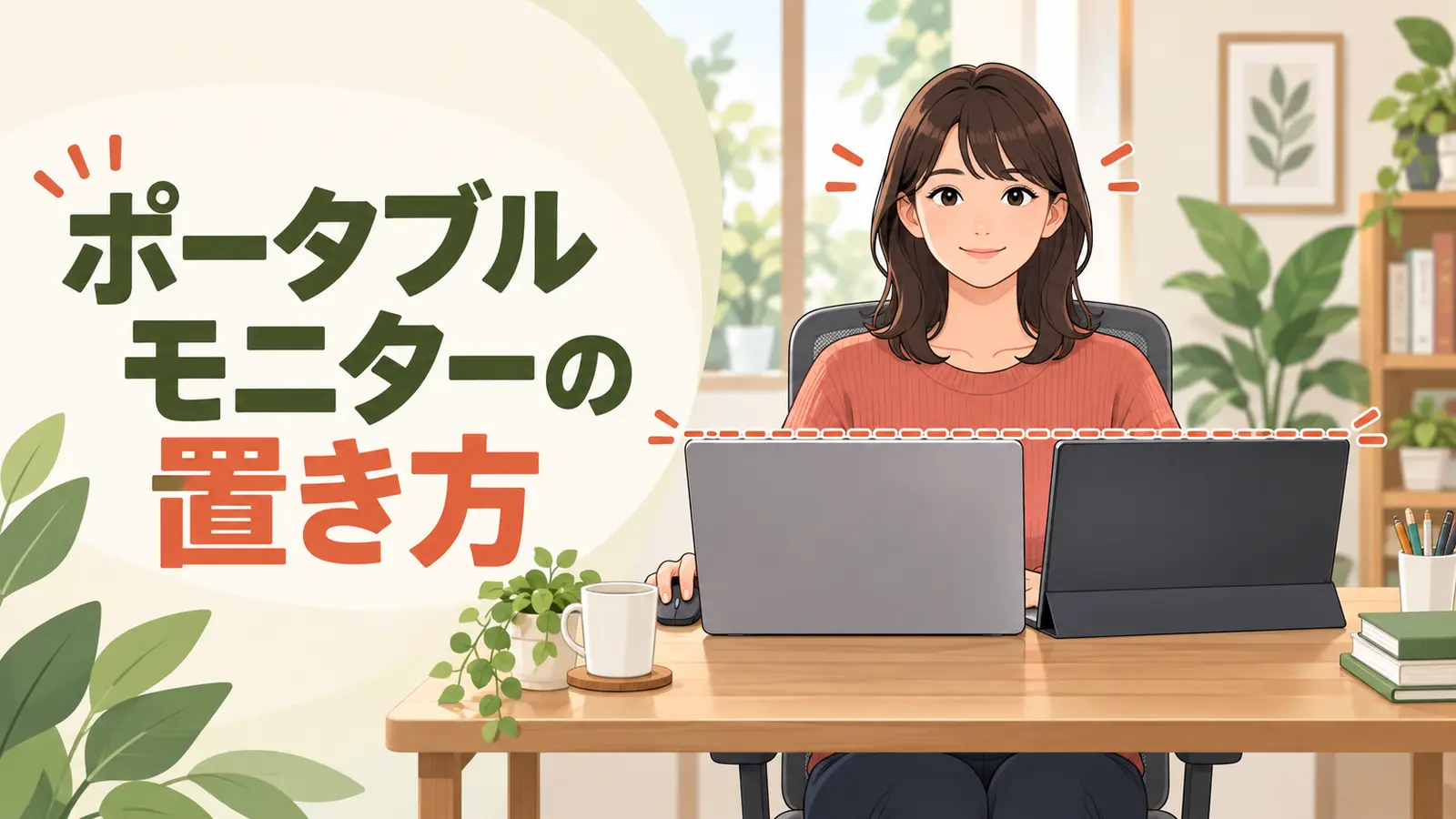 ノートPCとポータブルモニターの高さを揃えた配置
