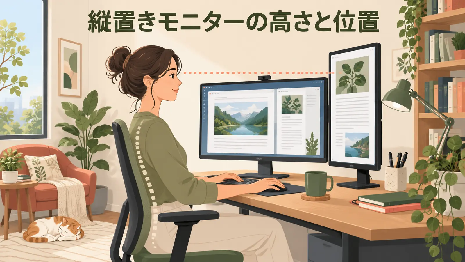 よく見る範囲を目線付近に置いた縦置きモニター