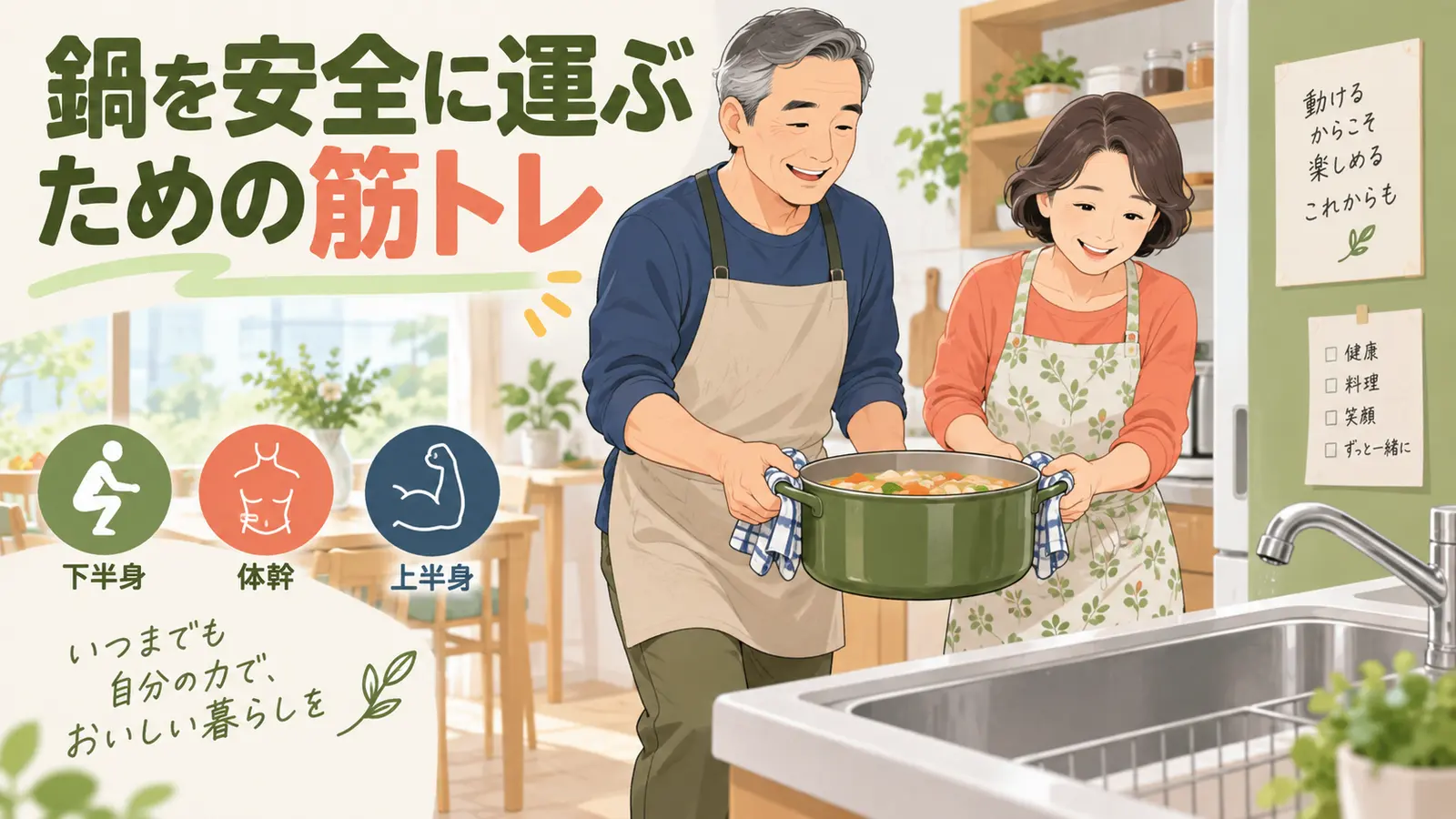 鍋をシンクへ安全に運ぶ筋トレのイメージ