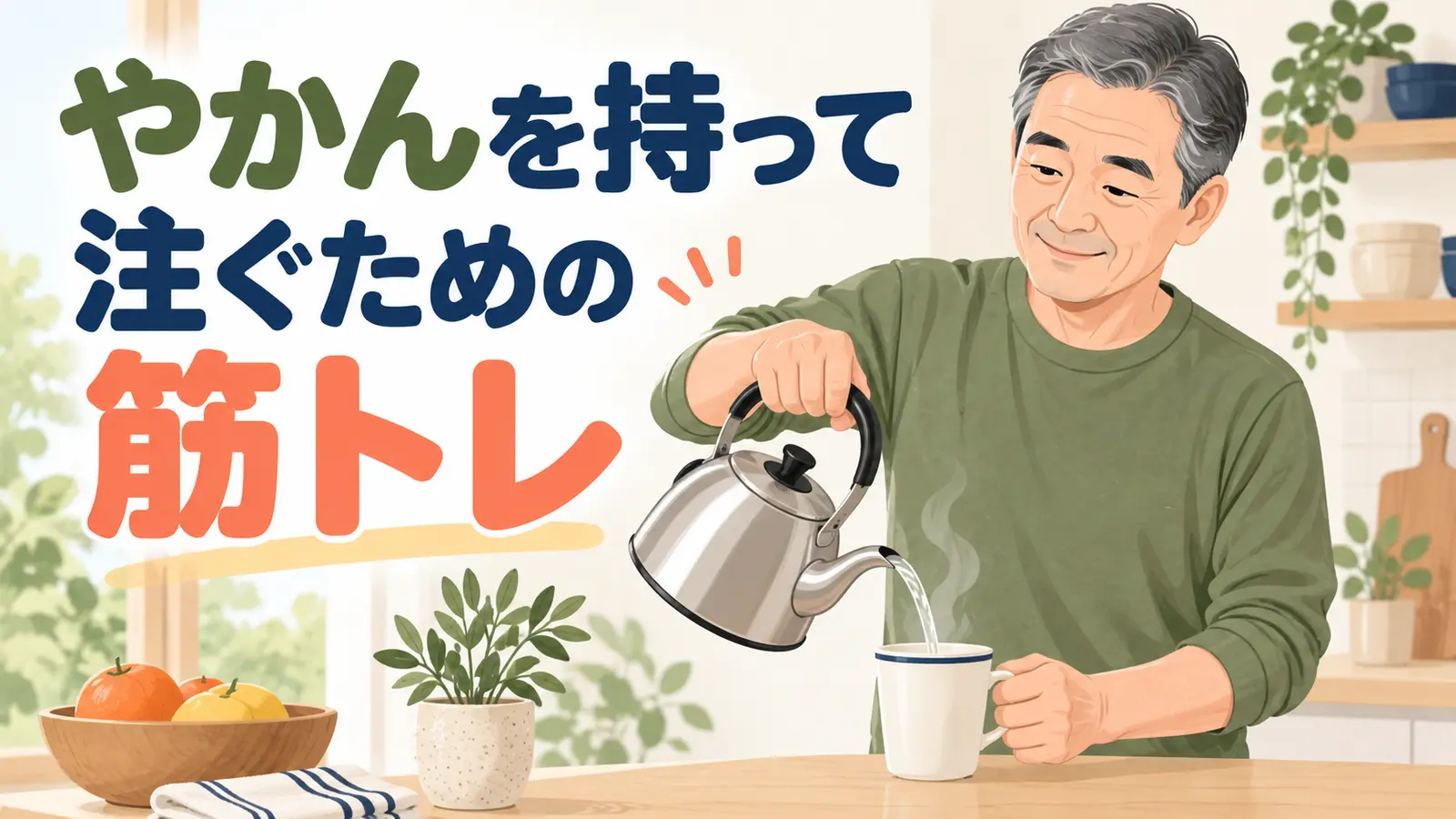 やかんを持って注ぐための筋トレのイメージ