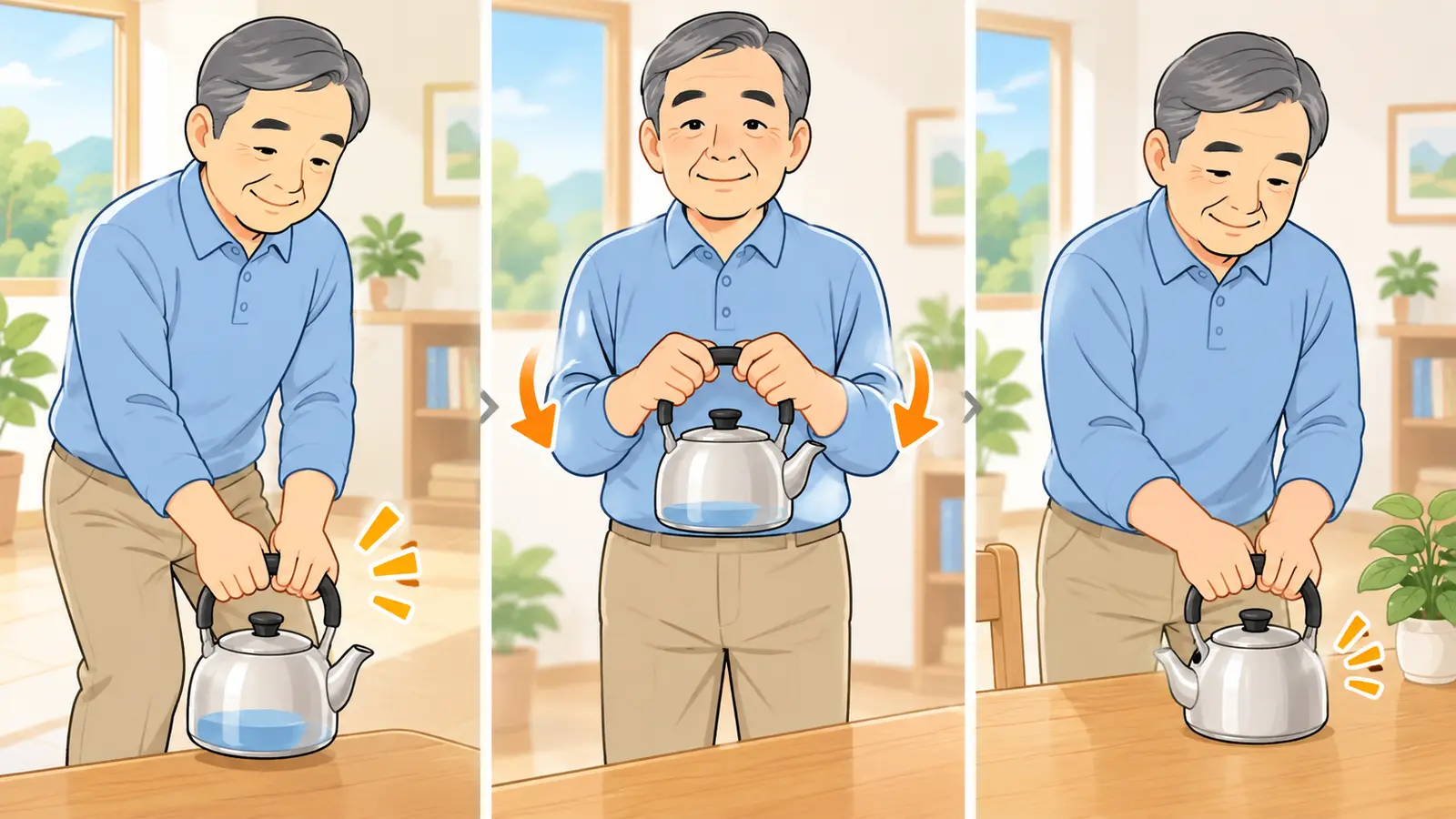 やかんを持って注ぐための筋トレに備える運動