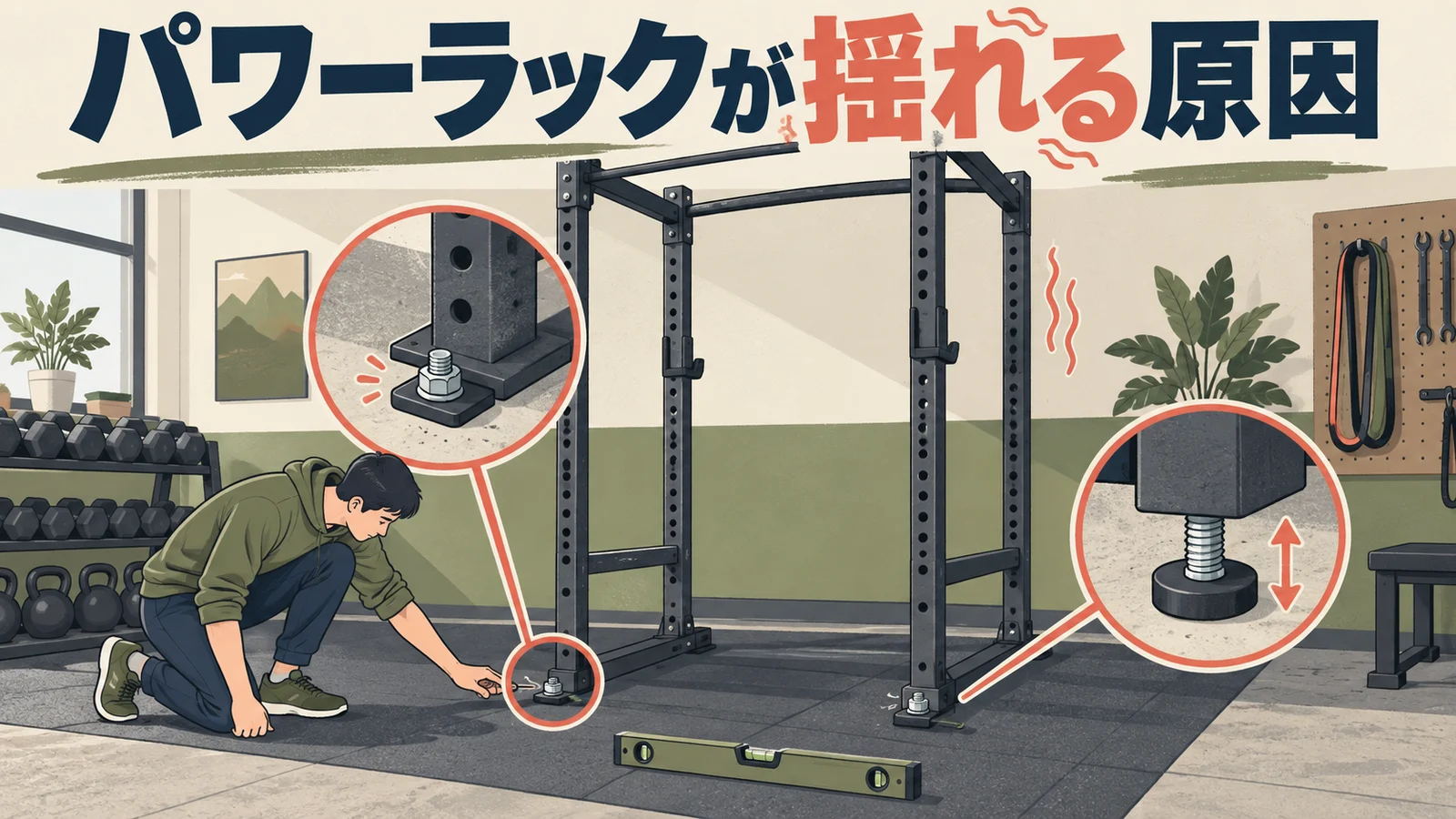 パワーラックが揺れる原因 ラックの脚、ボルト、床を点検するイラスト