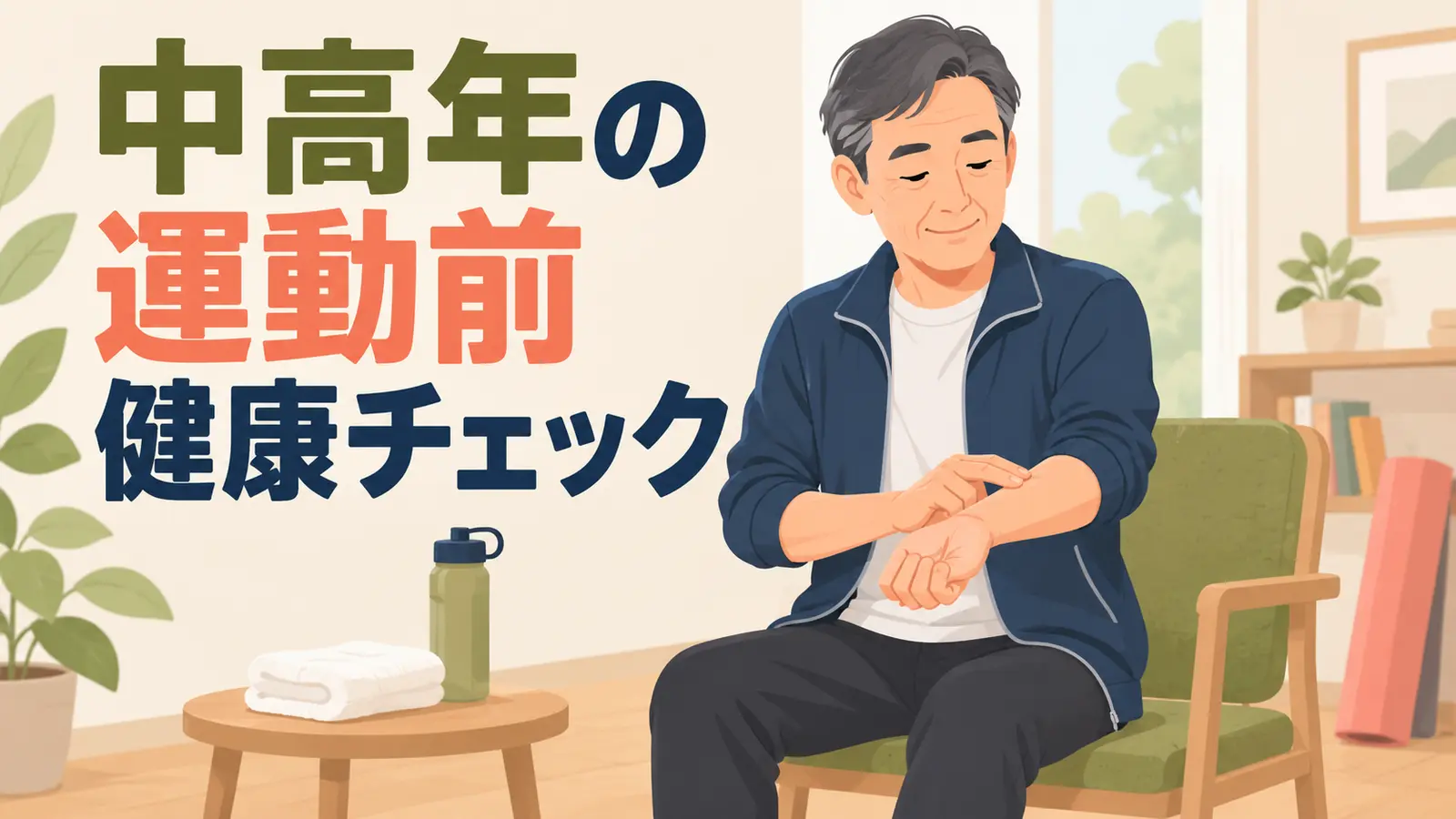 中高年の運動前健康チェックを実践する中高年のイラスト