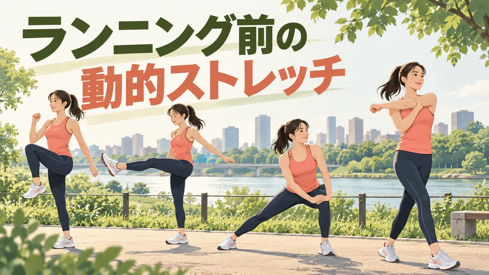 ランニング前の動的ストレッチを行う人物