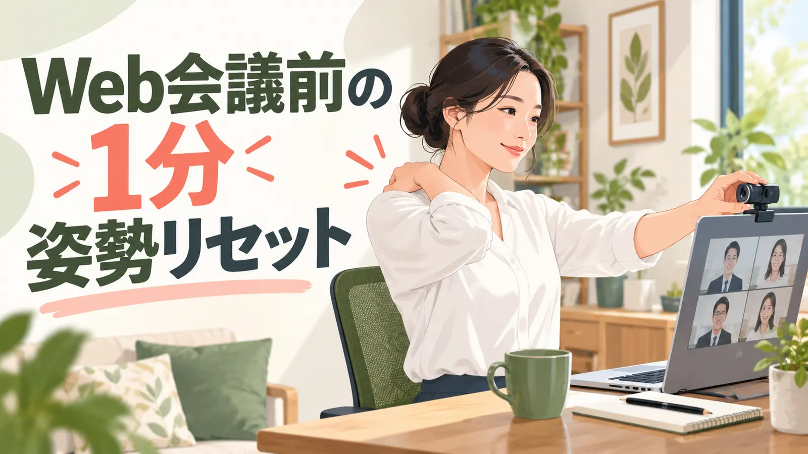 Web会議前にカメラ位置と首・肩の姿勢を整えるオフィスワーカー