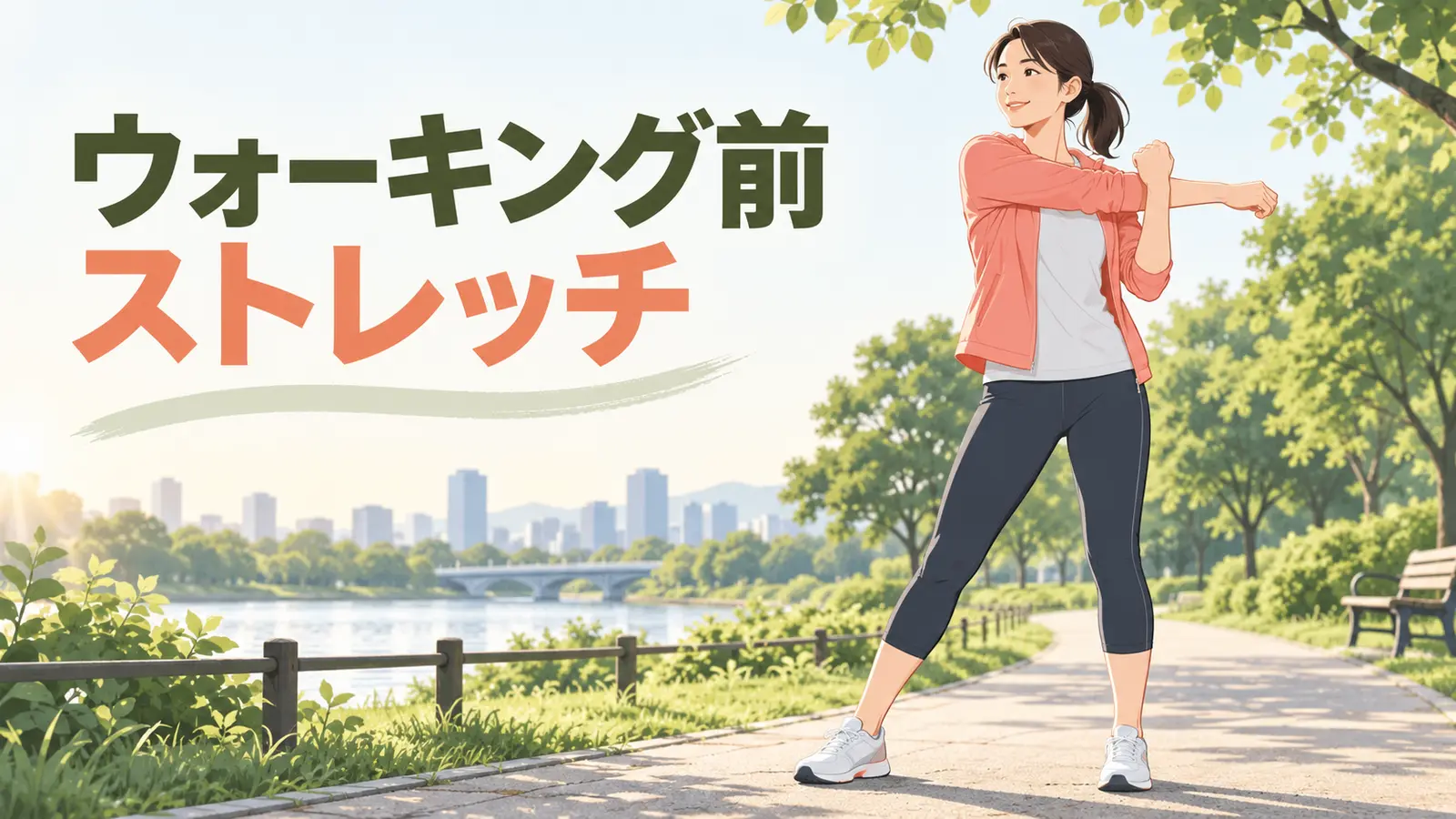 ウォーキング前のストレッチを行う人物