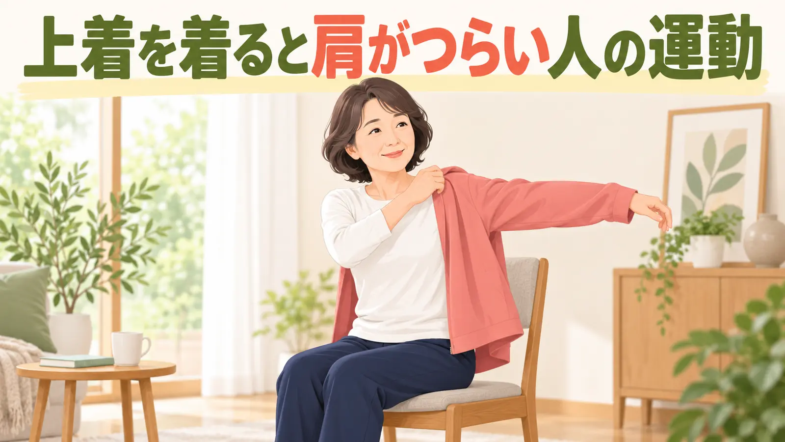 椅子に座って無理なく上着へ腕を通す中高年女性