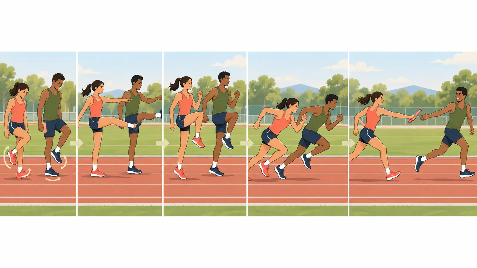 リレー前のウォームアップ手順を示すイラスト