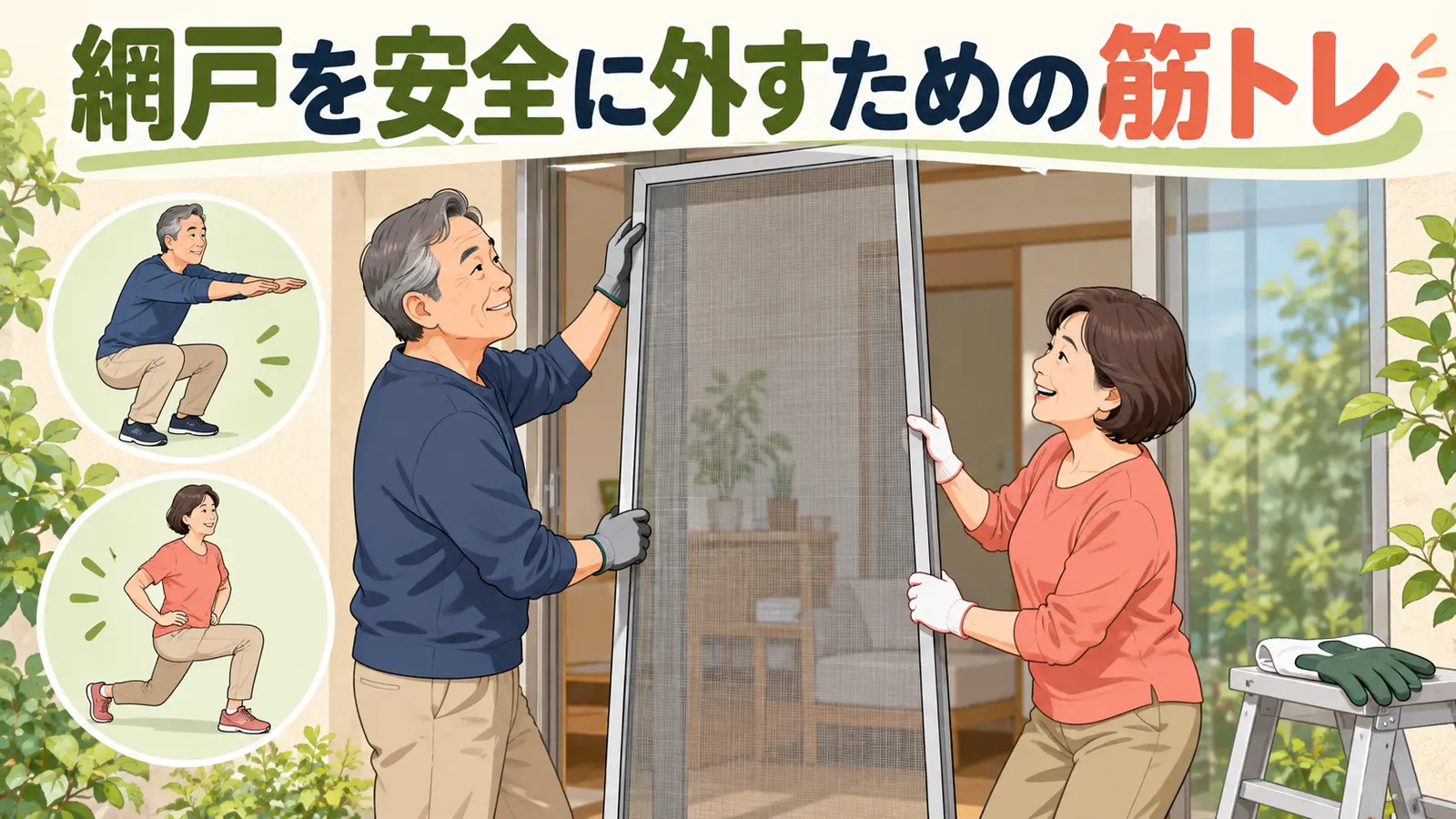 網戸を安全に外すための筋トレのイメージ