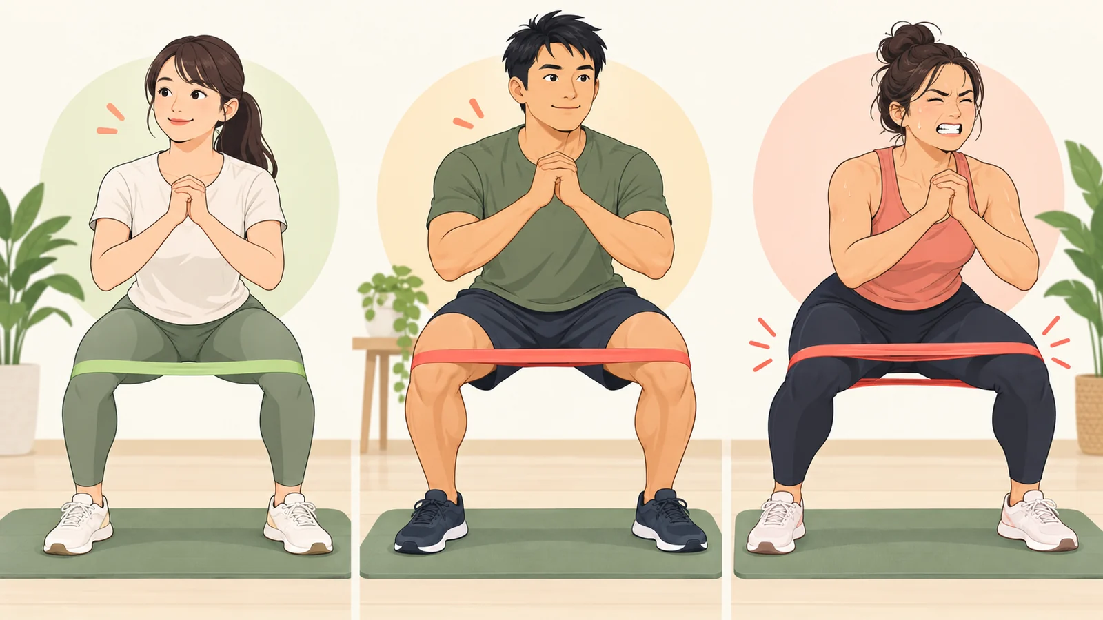 軽度・中等度・高強度の運動感覚を表したチューブスクワット