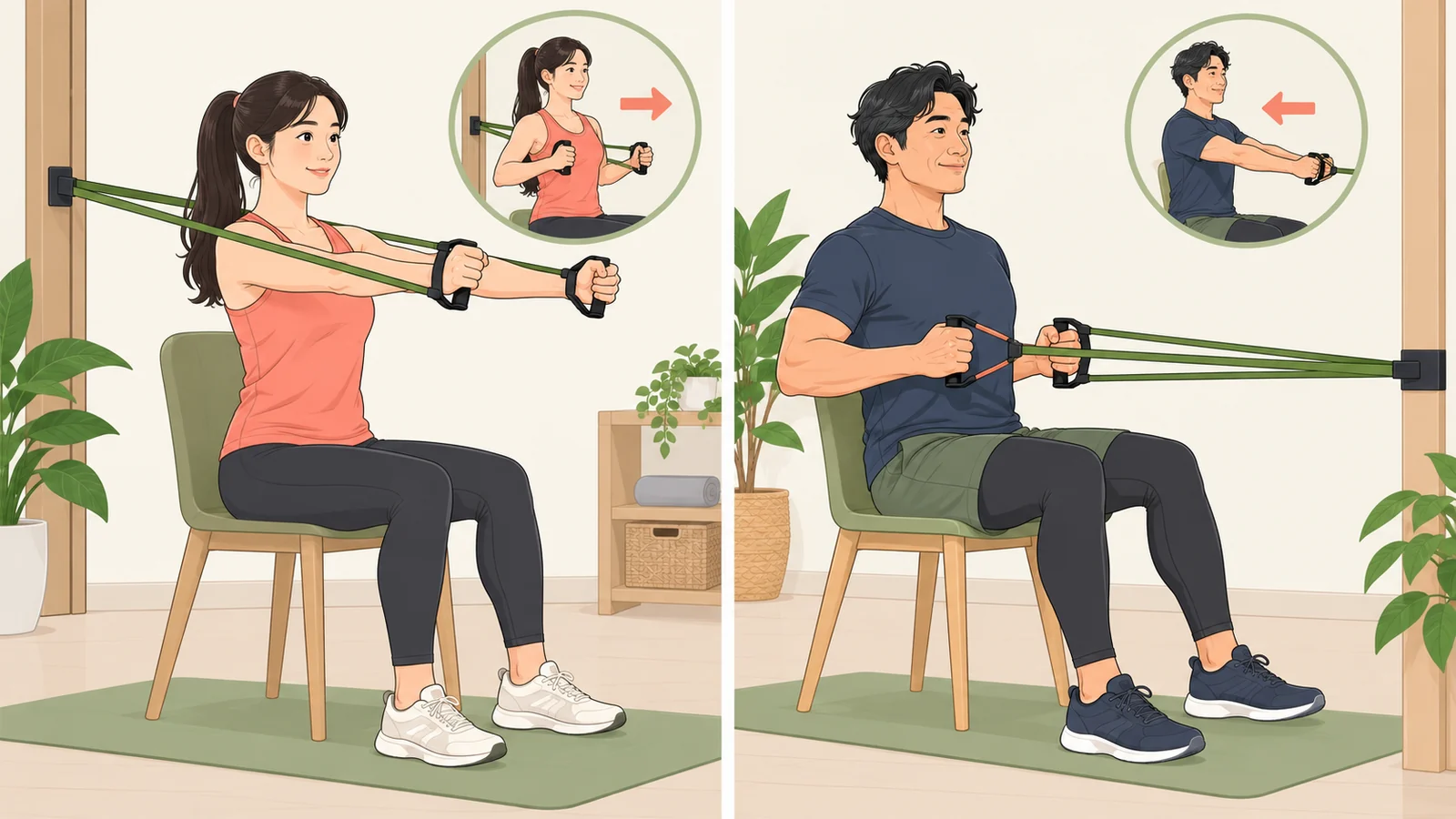 チューブチェストプレスとローイングを組み合わせる様子