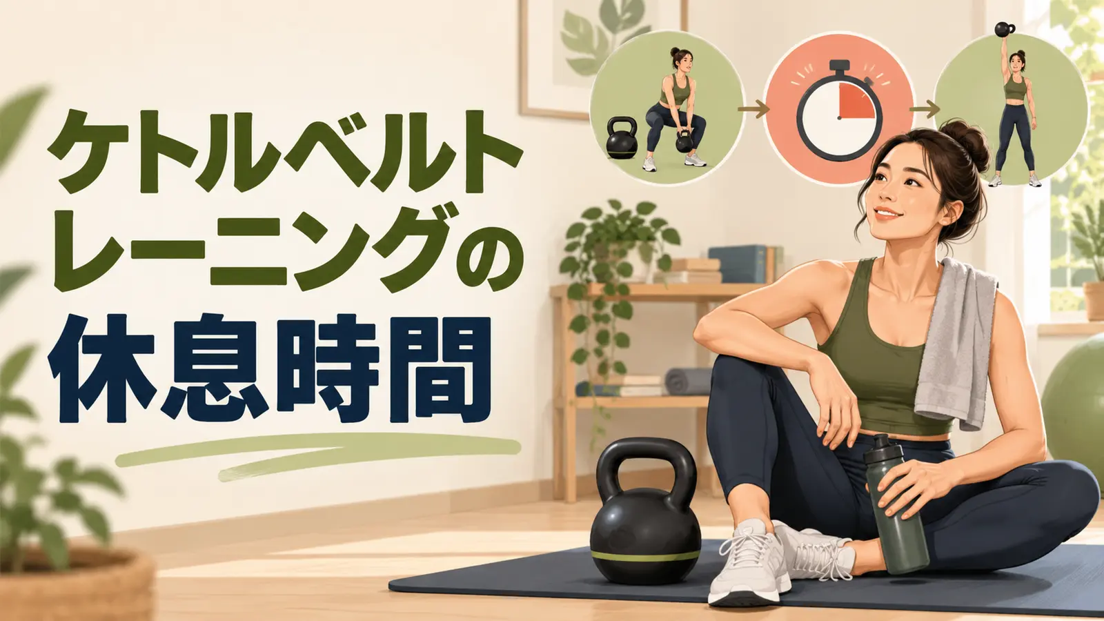 ケトルベルトレーニングの休息時間の内容を表すアイキャッチイラスト