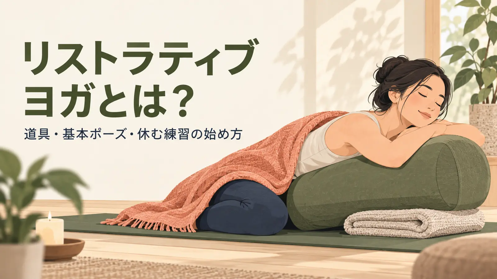 ボルスターと毛布で体を支える休息ポーズ