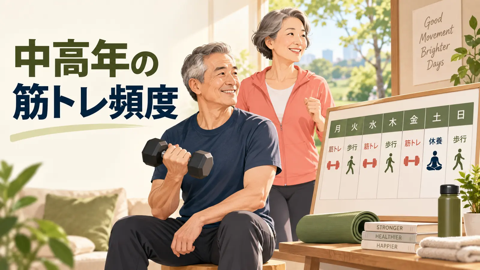 筋力が落ちた人の運動再開メニューの基本動作と負荷調整を示すイラスト
