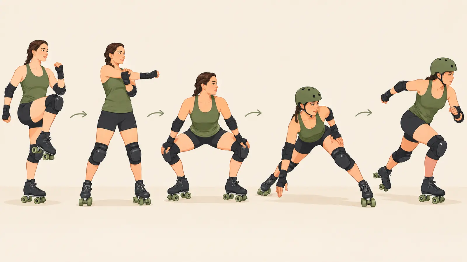 ローラーダービー前のウォームアップ手順を示すイラスト