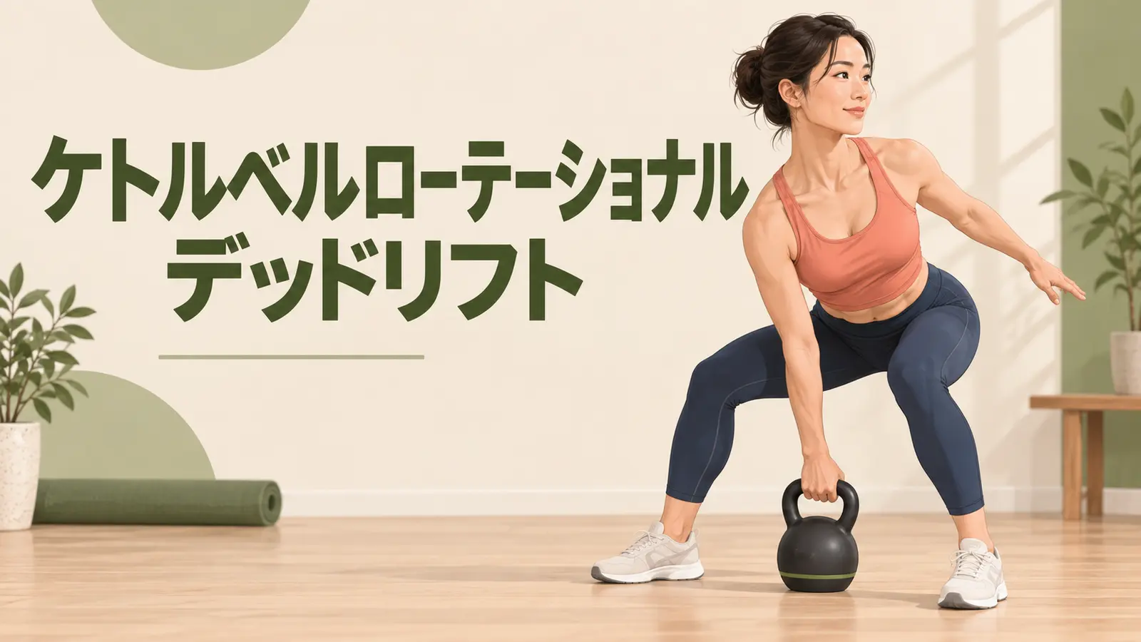 ケトルベルローテーショナルデッドリフトのフォームを示すアイキャッチイラスト