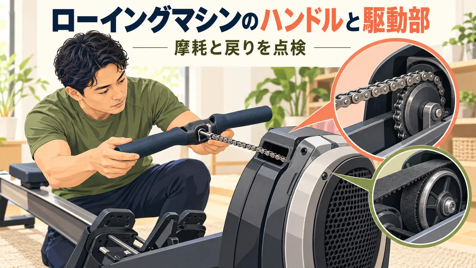 ローイングマシンのハンドルとチェーン・ベルトを点検するイラスト